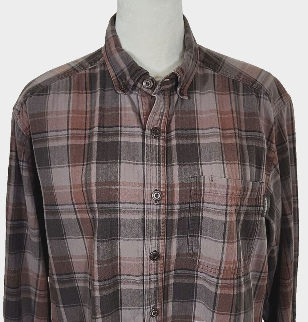 Wolverine Brown Plaid Flannel Long Sleeve Button Down Men's Casual Shirt, Size L